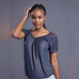 Jennifer Lopez Blue Shimmer Ruched Sleeved Top